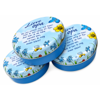 Blikje met tekst rond Blauw, Lieve Opa