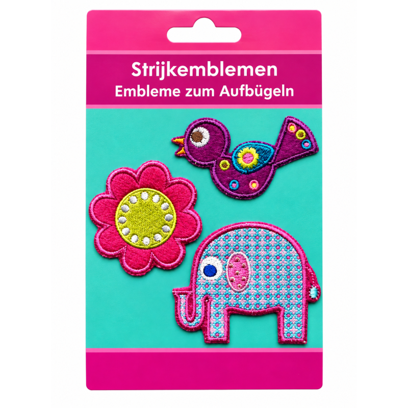 Strijkemblemen Olifant, Vogel, Bloem