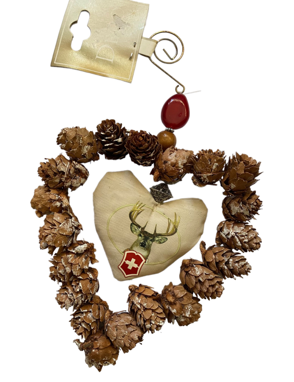 Kerst hanger Hart met Rendier en dennenappels