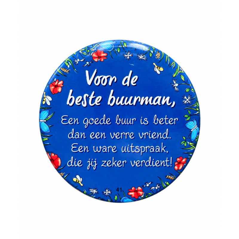 Blikje met tekst rond Blauw, Voor de beste buurman