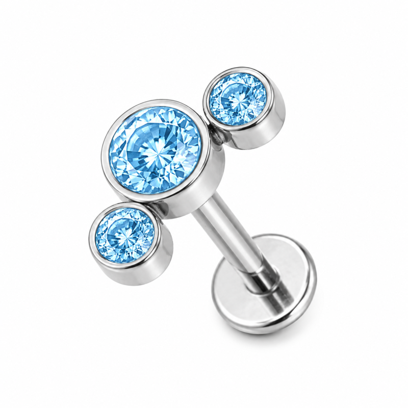 Labret Piercing Tripple Crystal Blauw Push-in Zilverkleurig 8x1.2x8