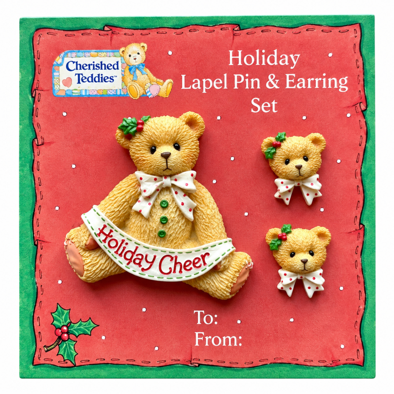 Cherished Teddies Holiday Lapel Pin & Earring set