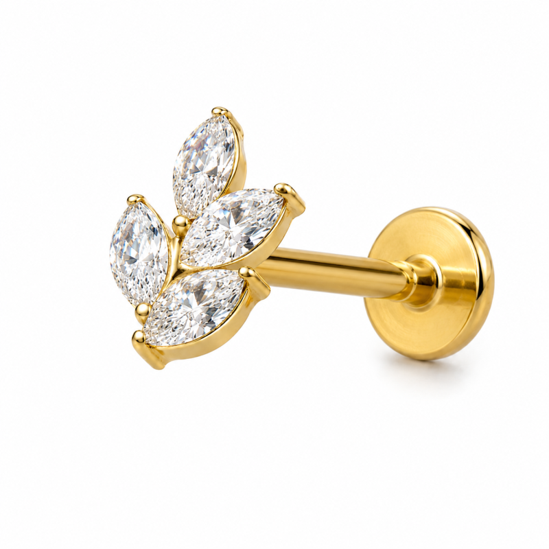 Labret Piercing Crystal Leaf Goudkleurig 8x1.2x9