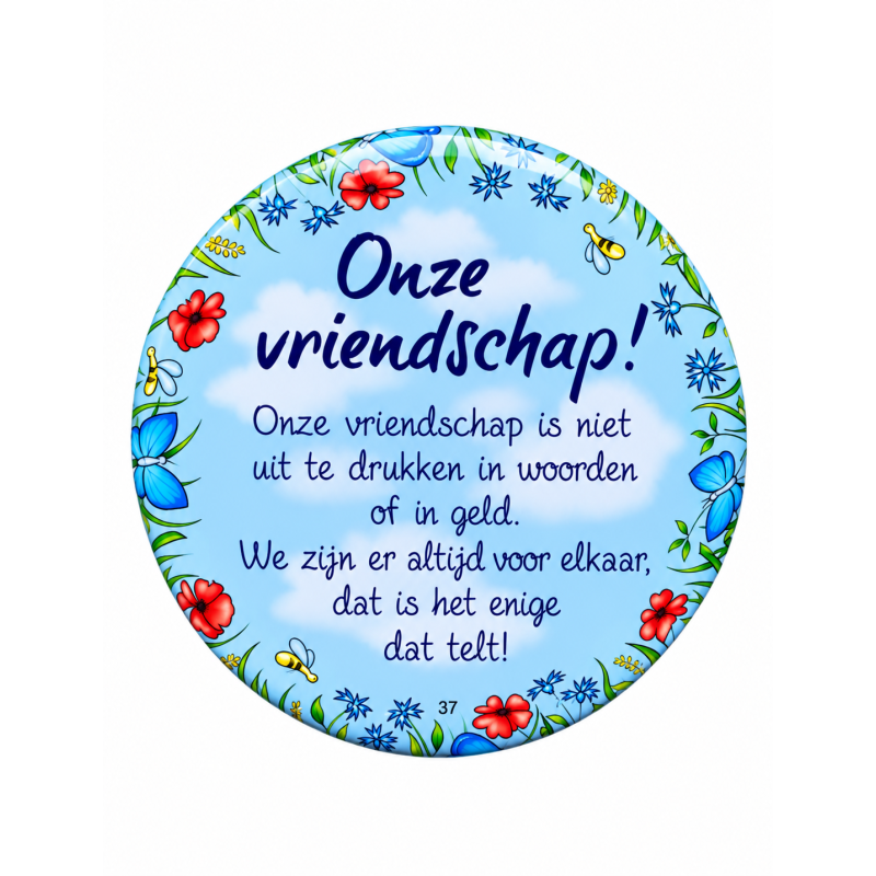 Blikje met tekst rond Blauw, Onze vriendschap