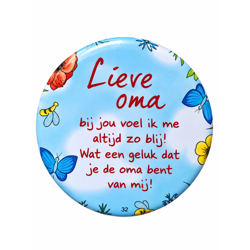 Blikje met tekst rond Blauw, Lieve Oma