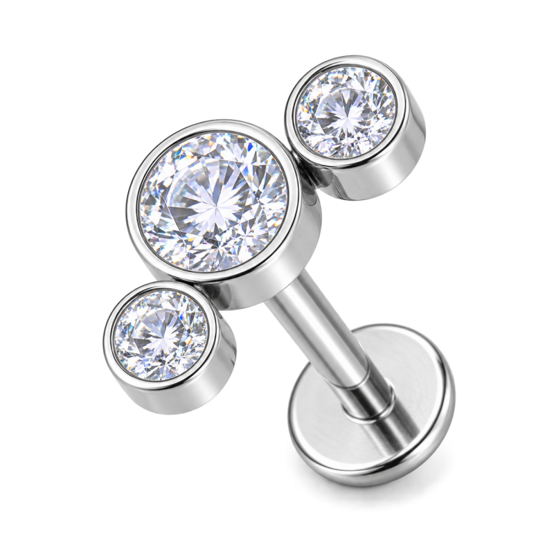 Labret Piercing Tripple Crystal Push-in  Zilverkleurig 8x1.2x8