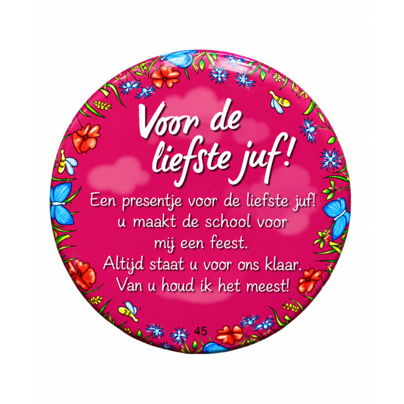 Blikje met tekst rond Roze, Voor de liefste juf