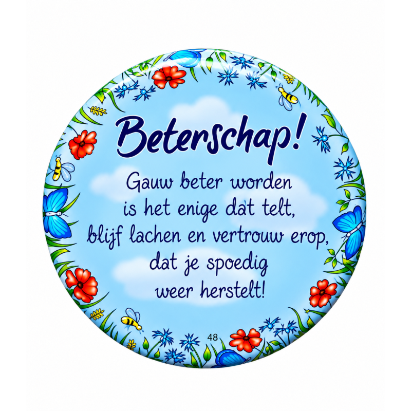 Blikje met tekst rond Blauw, Beterschap