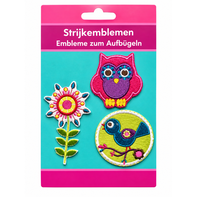 Strijkemblemen Uil, Vogel, Bloem