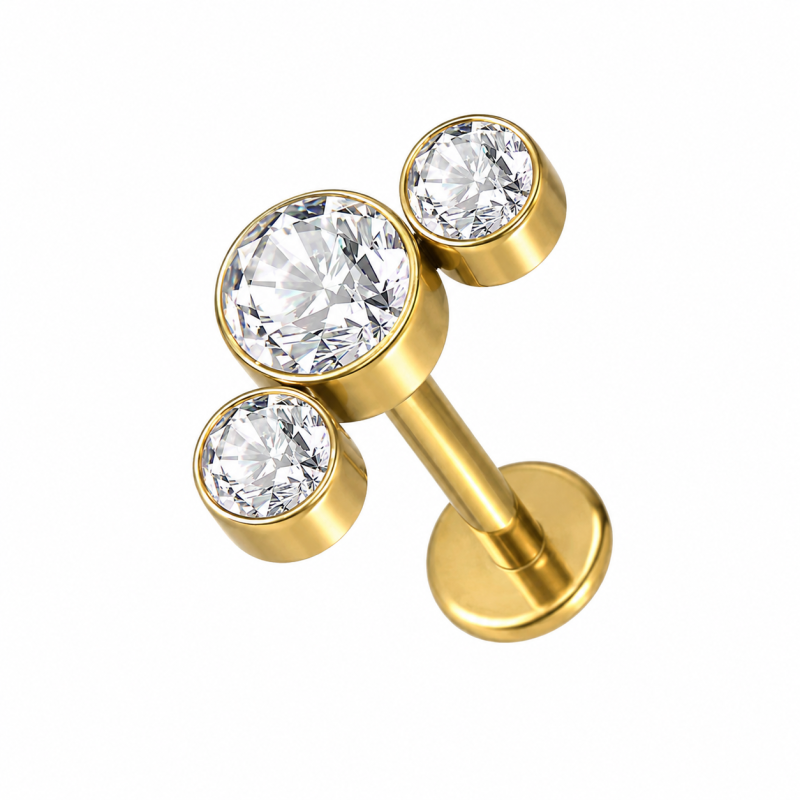Labret Piercing Tripple Crystal Goudkleurig