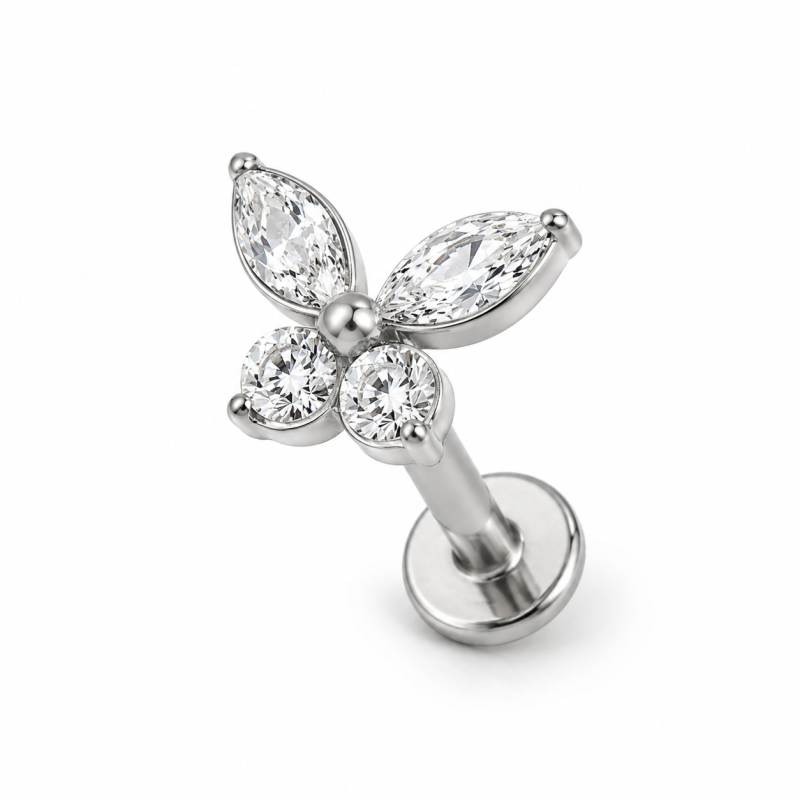 Labret Piercing Crystal Butterfly Zilverkleurig 8x1.2x8