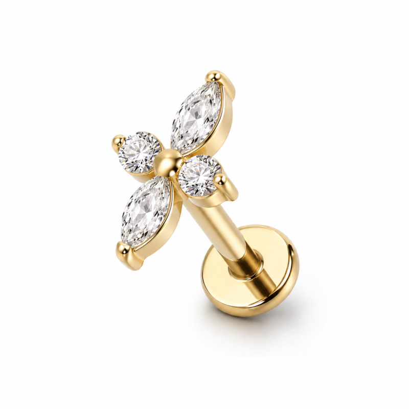 Labret Piercing Crystal Marquise Flower Goudkleurig