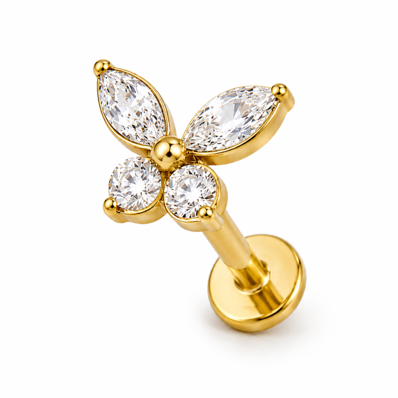 Labret Piercing Crystal Butterfly Goudkleurig 8x1.2x8