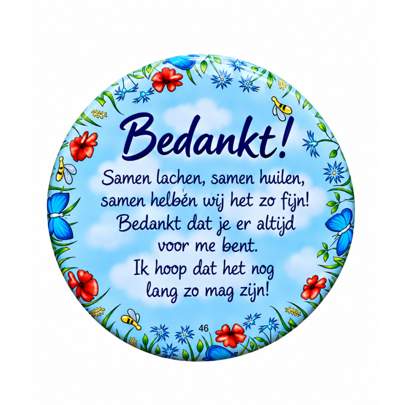 Blikje met tekst rond Blauw, Bedankt