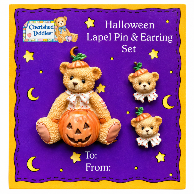 Cherished Teddies Halloween Lapel Pin & Earring set