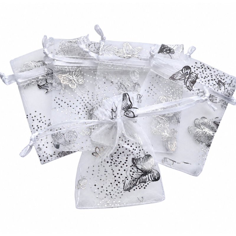 Organza zakje 7x9cm Vlinder Wit
