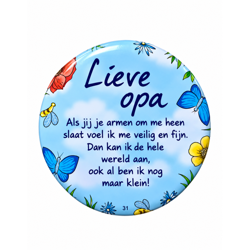 Blikje met tekst rond Blauw, Lieve Opa