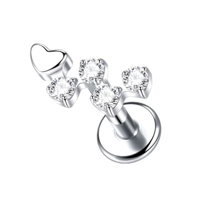 Labret Piercing Zilverkleurig Hartje met steentjes 8x1.2