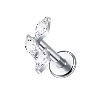 Labret Piercing Zilverkleurig Blaadjes met steentjes 8x1.2