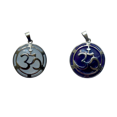 Edelsteen hanger met OHM symbool in Bergkristal of Amethist