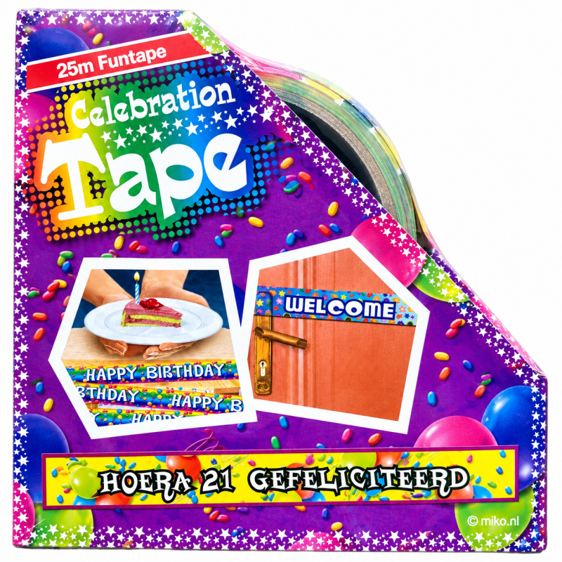 Celebration tape, 25m Funtape, Hoera 21 Gefeliciteerd 