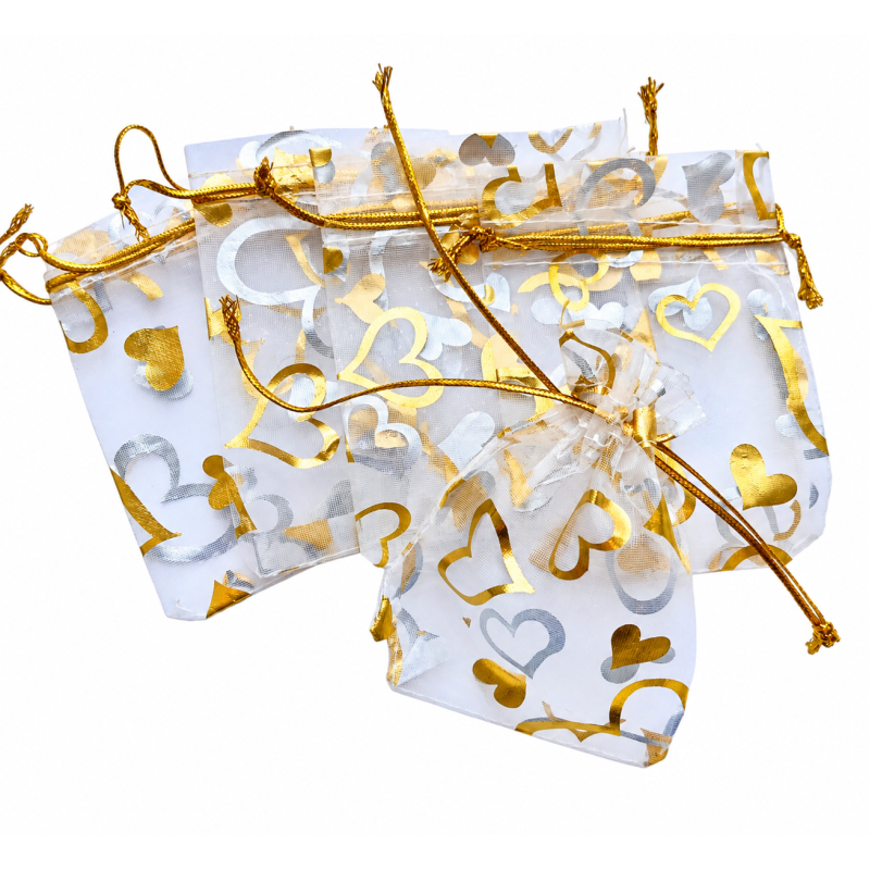 Organza zakje 7x9cm Hartjes Wit Goud