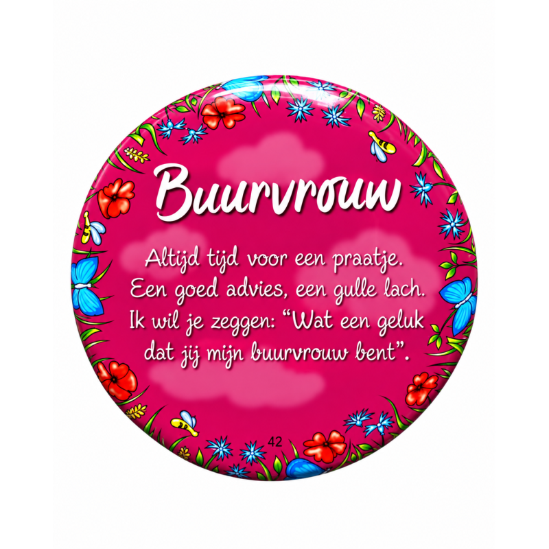 Blikje met tekst rond Roze, Buurvrouw