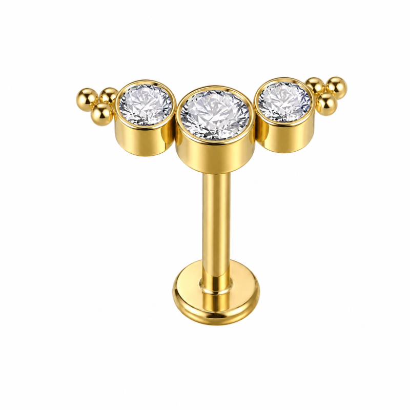 Labret Piercing Tripple Crystal Cluster Goudkleurig