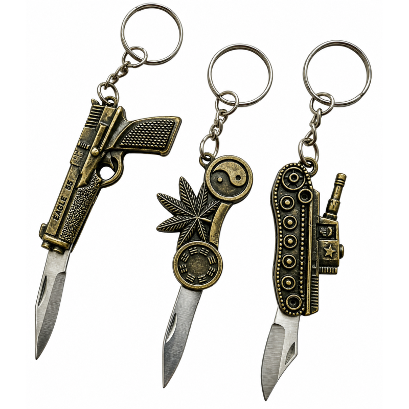 Sleutelhanger Brons met zakmes in 10 designs