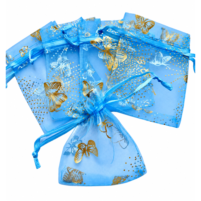 Organza zakje 7x9cm Vlinder Blauw Goud