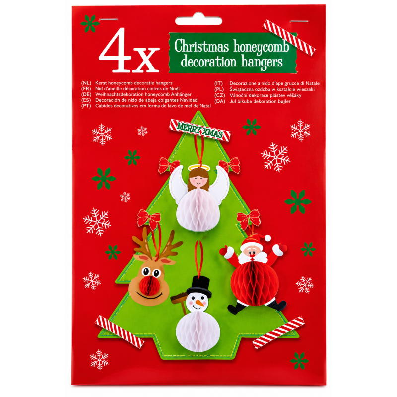 Kerst Honeycomb decoratie hangers 4 stuks