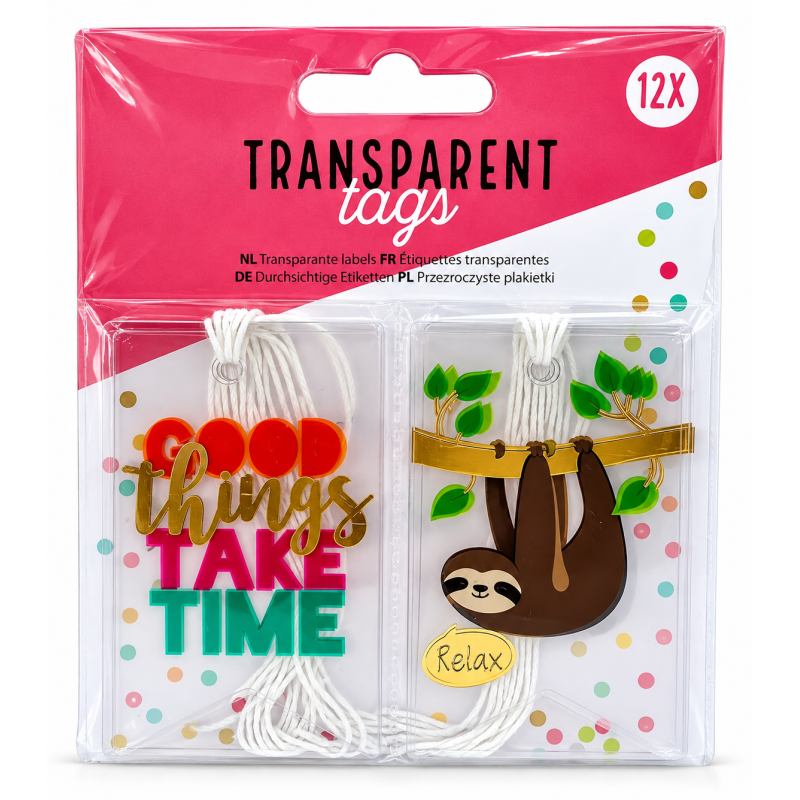 Transparante kaartjes, labels Luiaard 12 stuks