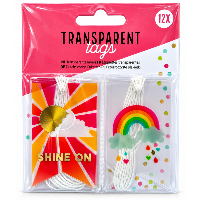 Transparante kaartjes, labels "Shine on" 12 stuks