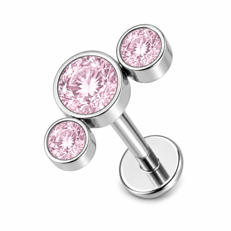 Labret Piercing Tripple Crystal Roze Push-in Zilverkleurig 8x1.2x8