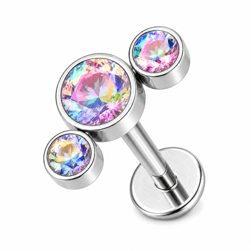 Labret Piercing Tripple Crystal Rainbow Push-in Zilverkleurig 8x1.2x8