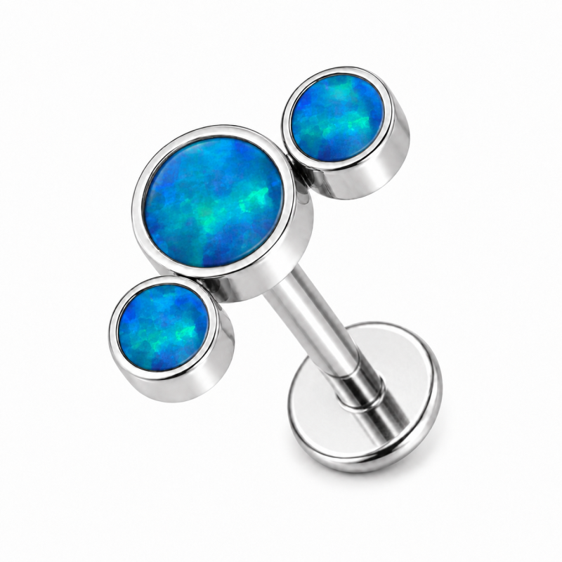 Labret Piercing Tripple Crystal Blauw Parelmoer Push-in Zilverkleurig 8x1.2x8