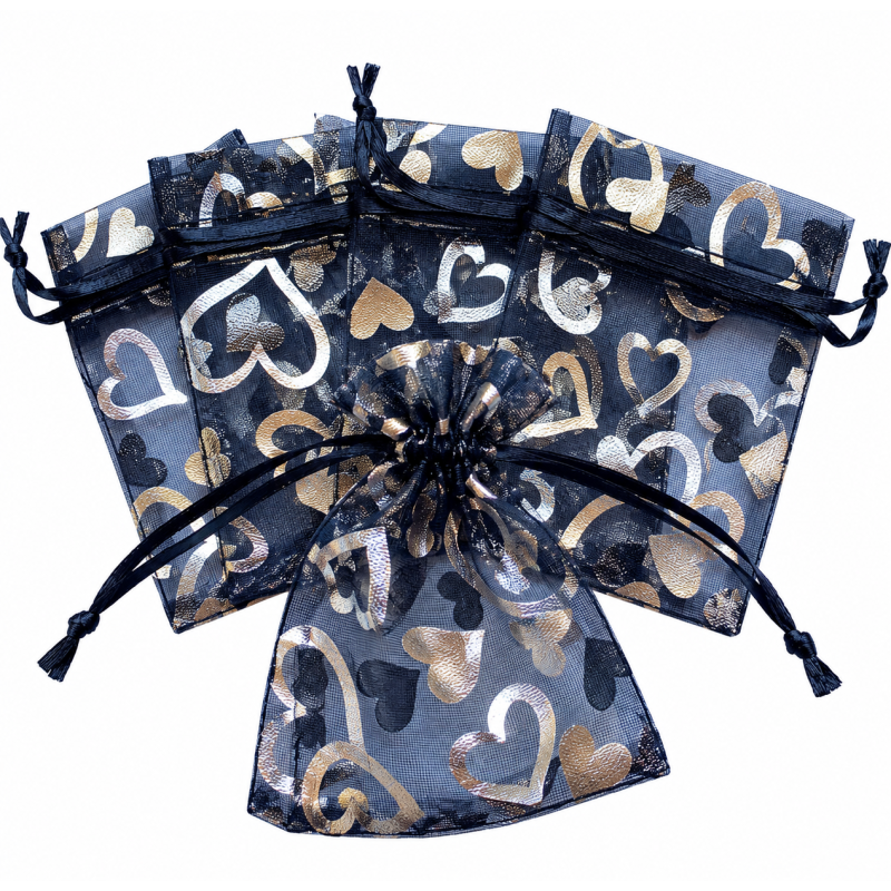 Organza zakje 7x9cm Hartjes Zwart