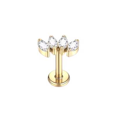 Labret Piercing Goudkleurig met 4 steentjes 8mmx1.2