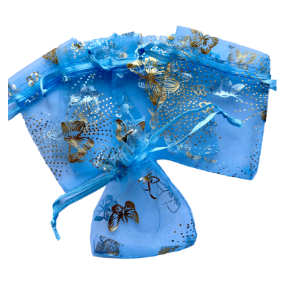 Organza zakje 7x9cm Vlinder Blauw Goud