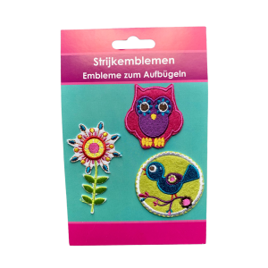 Strijkemblemen Uil, Vogel, Bloem
