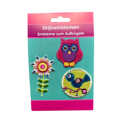 Strijkemblemen Uil, Vogel, Bloem