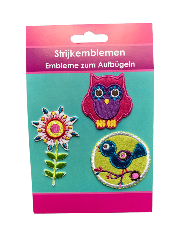Strijkemblemen Uil, Vogel, Bloem
