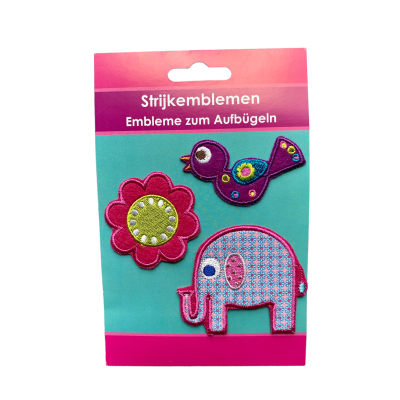 Strijkemblemen Olifant, Vogel, Bloem