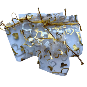 Organza zakje 7x9cm Hartjes Wit Goud
