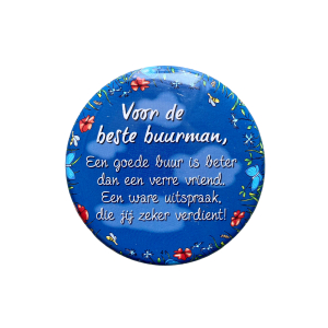 Blikje met tekst rond Blauw, Voor de beste buurman