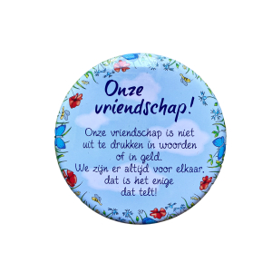 Blikje met tekst rond Blauw, Onze vriendschap Blikje met tekst rond Blauw, Onze vriendschap