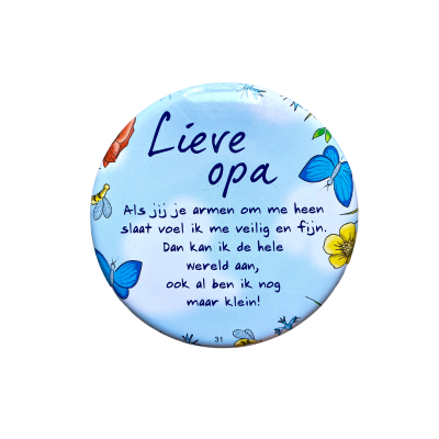 Blikje met tekst rond Blauw, Lieve Opa