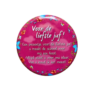 Blikje met tekst rond Roze, Voor de liefste juf