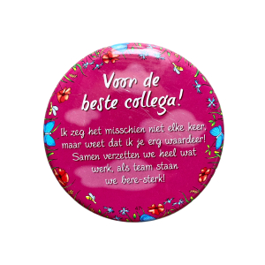 Blikje met tekst rond Roze, Voor de beste collega