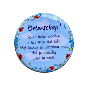 Blikje met tekst rond Blauw, Beterschap Blikje met tekst rond Blauw, Beterschap